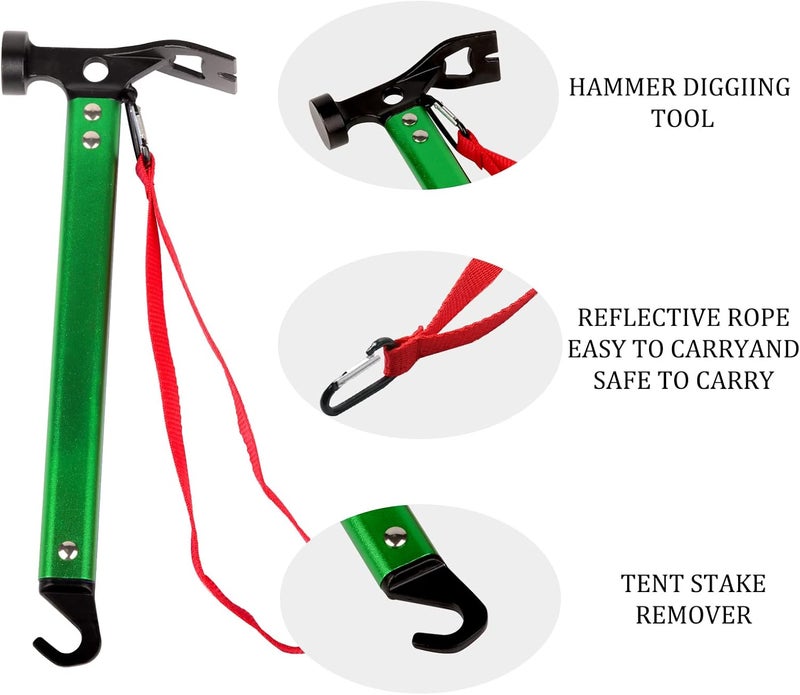 RIY Carbon Steel Aluminum Camping Hammer, 12" Small Lightweight Three-in-One Functional Tent Stake Hammer for Hiking Kit Green - Image 3